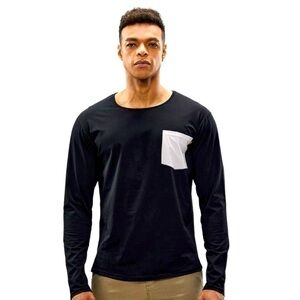 Men’s T-Shirt MIER Long Sleeve Pocket Crew Neck Curved Hem Black/Gray Size-M NWT